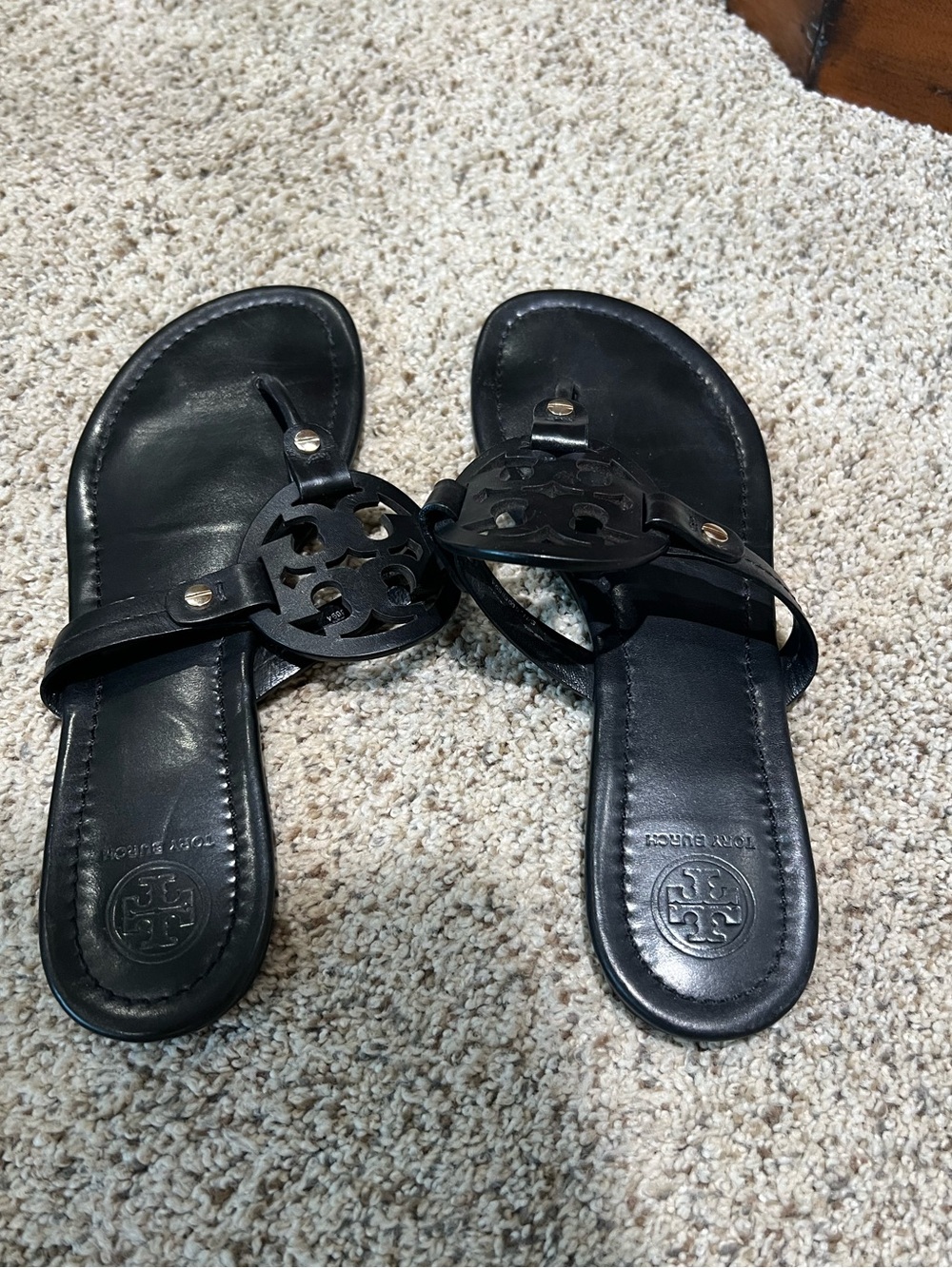 Tory Burch Black Leather Logo Thong Sandals